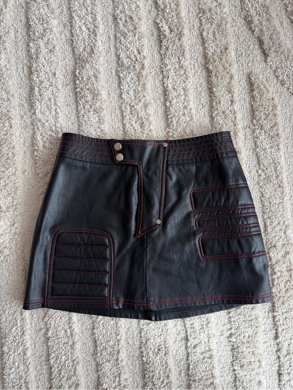 Black Faux Leather Mini Skirt with Red Stitching